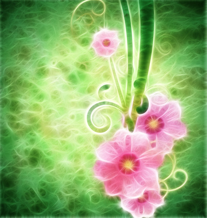 grunge vintage style background with pink spring flowers and green elementsの写真素材