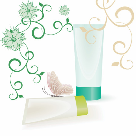 green and beige tubes, flourishes and butterflyのイラスト素材