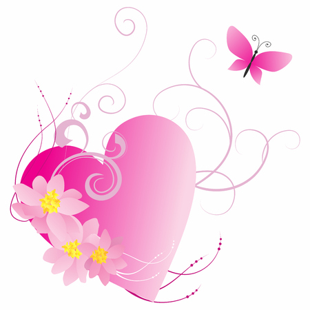 pink heart with flowers and butterfly isolated on whiteのイラスト素材