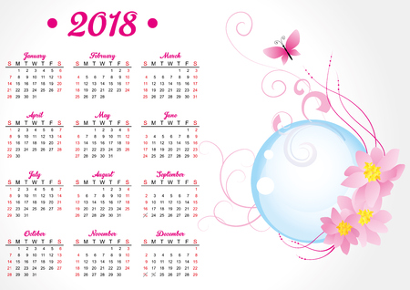 pink butterfly and flowers 2018 year calendarのイラスト素材