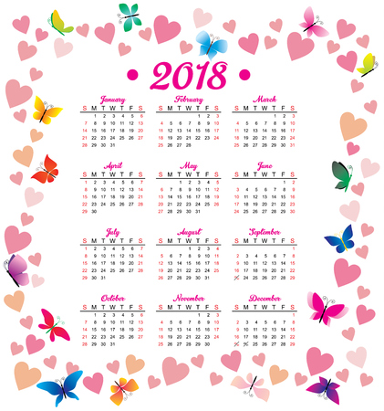 2018 year vector calendar hearts flowers flyのイラスト素材