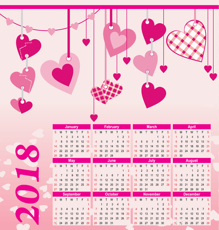 2018 year vector calendar hearts, flowers, flyのイラスト素材