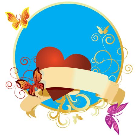 Blue circle with golden border, scroll vintage banner and butterlies colorful frame stickerの写真素材
