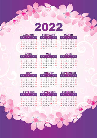 2022 calendar grid with pink sakura flowers backgroundのイラスト素材
