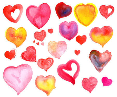 pink, red and yellow aquarelle heartsの写真素材