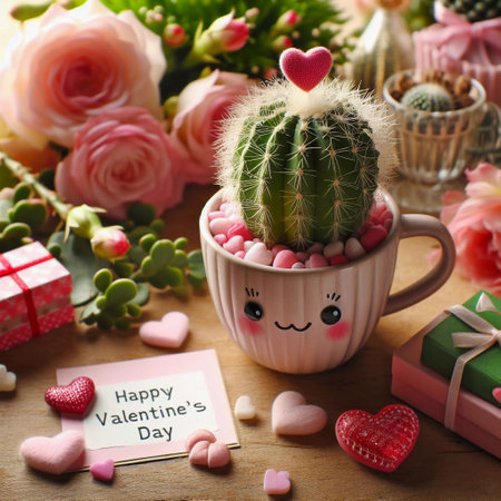 Cactus in a cup with hearts and gift boxes on Valentine's Dayの素材