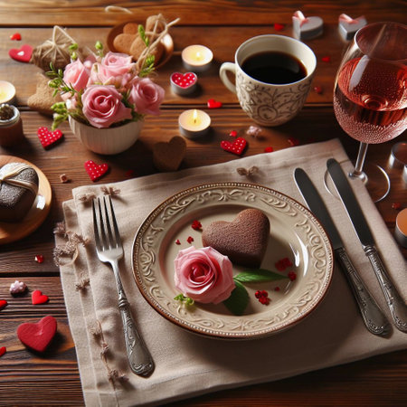 Romantic dinner setting with roses on wooden table, closeup viewの素材