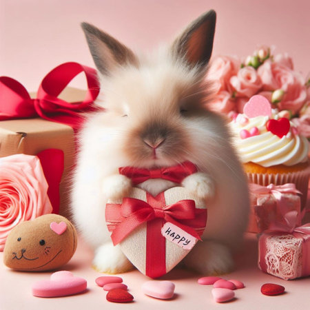 Valentine's Day background with cute little bunny and gift boxの素材