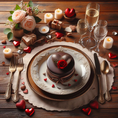 Valentine's Day table setting with chocolate cake, candles and hearts on wooden backgroundの素材