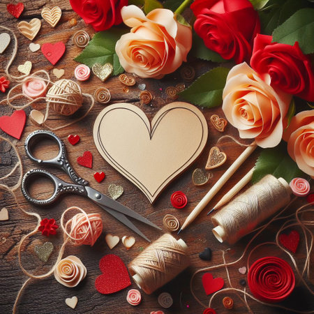 Valentine's day background with roses, scissors, thread and hearts on wooden tableの素材