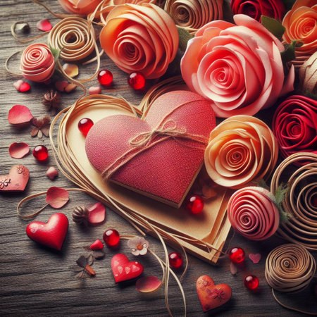 Valentine's day background with roses, hearts and gift boxの素材