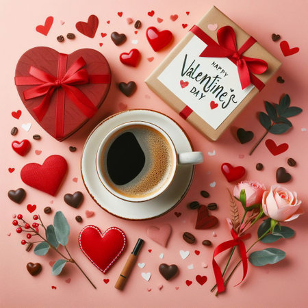 Valentine's day background with coffee cup, gift box and hearts. Flat lay, top viewの素材