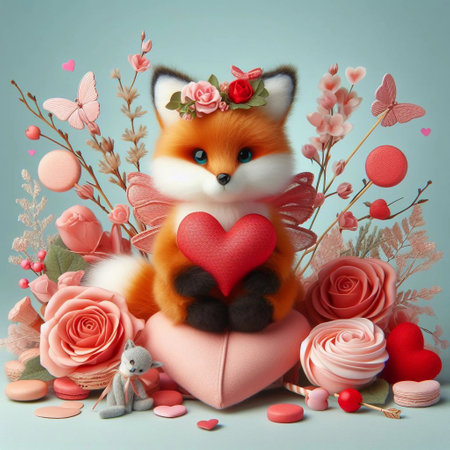 Valentine's day greeting card with a cute fox and heartsの素材