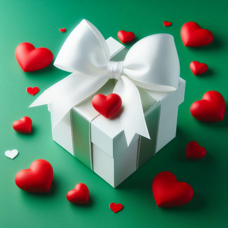 White gift box with a white bow and red hearts on a green backgroundの素材