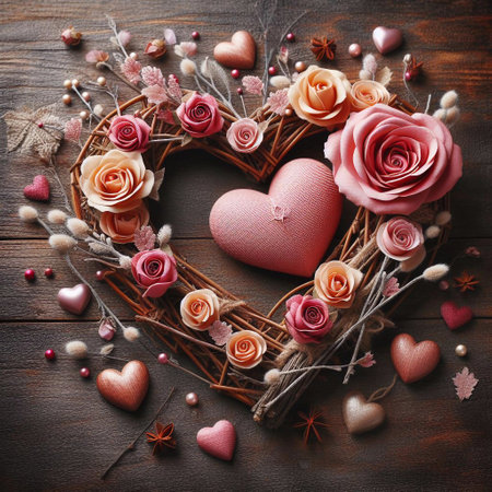 Heart with flowers on wooden background, valentine's day cardの素材