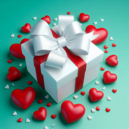 White gift box with white ribbon and red hearts on green background.の素材