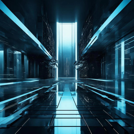 3D render of a futuristic hallway with glowing lights and reflections.の素材