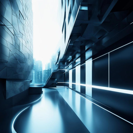 Abstract blue background with futuristic architecture and light. 3D Renderingの素材