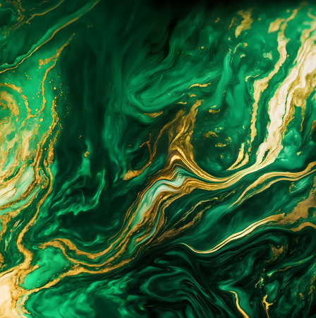 Abstract marbleized effect background. Green and gold creative pattern. Liquid marble texture.の素材