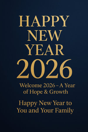Happy New Year greeting card with gold text on dark blue backgroundの写真素材