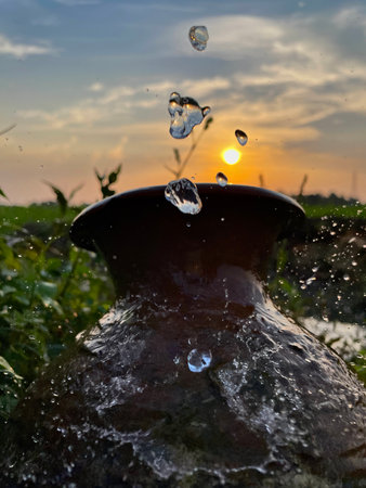 Water drop falling from a vase in the field at sunset.の写真素材