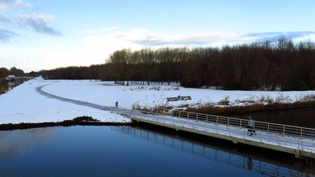 Walking Dog on a Snow Covered Path Leading over Bridge to Forestの写真素材