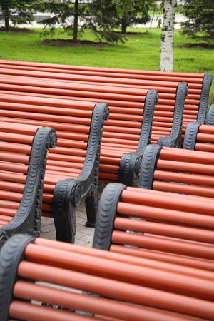 Wooden benches are in a parkの写真素材