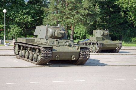 Military technique near a diorama Breach of blockade of Leningrad
