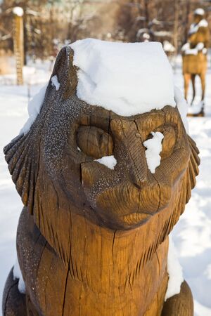 Wooden sculpture of fairy-tale catの写真素材