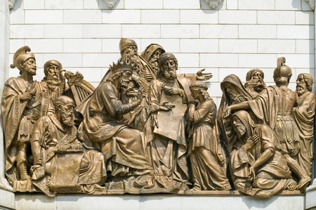 Sculptural compositions on the wall of templeの写真素材