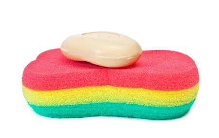 Sponge and soap against the white backgroundの写真素材