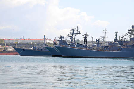 CRIMEA, SEVASTOPOL - May 10, 2009: Bay of city Sevastopol. Warships of the black Sea fleetのeditorial素材