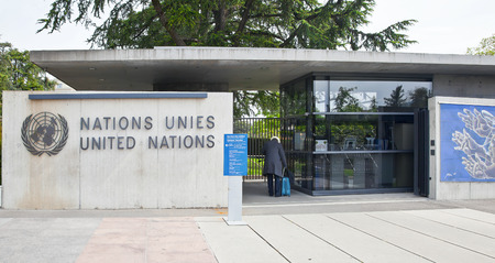 SWITZERLAND, GENEVA - May 06.2014: Checkpoin in the Palais des Nations, which houses the United Nations office in Europe for the maintenance of peace and the protection of human rightsのeditorial素材
