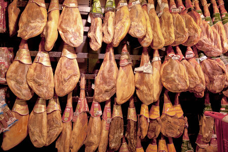 SPAIN, BARCELONA - May 5.2014: Jamon - Spanish national delicacy, uncooked jerked pork hamのeditorial素材