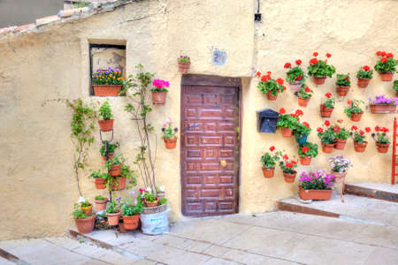 SPAIN, BURGOS - May 02.2014: Entrance to the house, surrounded by flowering plantsのeditorial素材