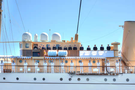 DENMARK, COPENHAGEN - May 02.2013: Arrival of the Queen of Denmark on Royal Yacht Dannebrog.  Royal Yacht Dannebrog serves as the official and private residence of the royal familyのeditorial素材