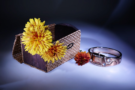 Flowering plant chrysanthemum in a decorative small box. It is taken off through a light brushの写真素材