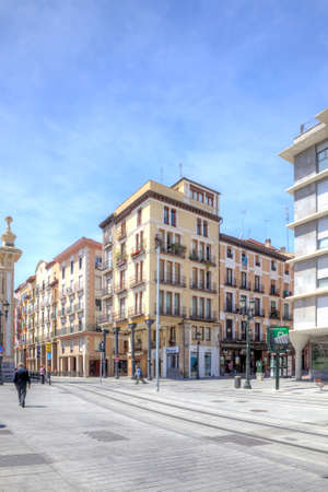 SPAIN, SARAGOSSA - May 4.2014: Street in the historical center of city with tram-car waysのeditorial素材