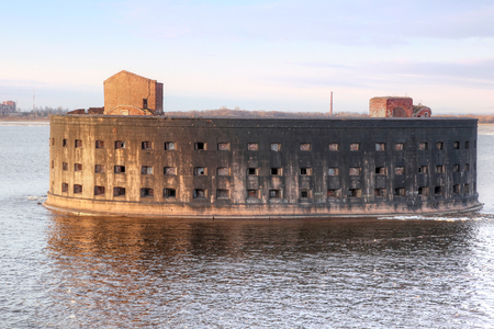 Ancient fortification building in the gulf of Finland next to a city Kronshtadt. Plague fort or fort Emperor Alexander Iのeditorial素材