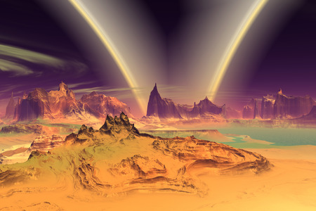 Alien Planet - 3D Rendered Computer Artwork. Rocks and  lake