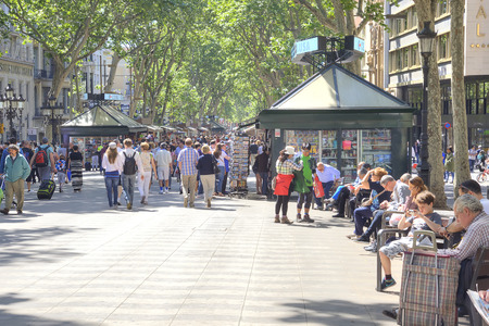 SPAIN, BARCELONA - May 5.2014: Pedestrian boulevard La Rambla in the center of cityのeditorial素材
