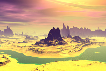 Alien Planet - 3D Rendered Computer Artwork. Rocks and  lakeの写真素材