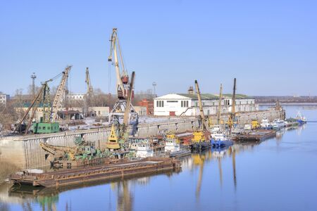 NIZHNY NOVGOROD, RUSSIA - March 14.2015: Infrastructure of river port in place of confluence of the river Volga and Okaのeditorial素材
