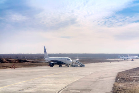 MOSCOW, RUSSIA - March 23.2015: Regulation works on the stand of airplanes in the airport of Domodedovoのeditorial素材