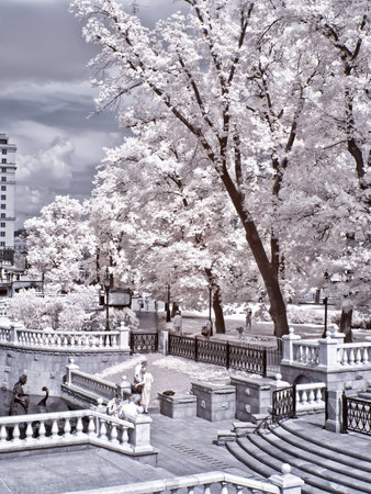 MOSCOW. RUSSIA - June 25.2014: Historical center of city. Manezhnaya Square and Alexander Garden. Infrared photoのeditorial素材