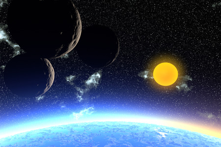 Alien Planet - 3D Rendered Computer Artwork. Rocks and  moon