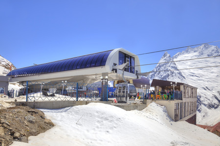 DOMBAY, RUSSIA - May 03.2015: Station of Aerial lift on a mountain Mussa-Achitara. First levelのeditorial素材