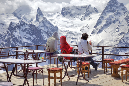 Interior of verandah of alpine cafe on mountain Mussa-Achitaraのeditorial素材