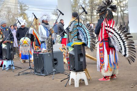 MOSCOW, RUSSIA - April 19.2015: Public free concert of group Camuendo Wuambrakuna. Ethnic music of North and South Americaのeditorial素材