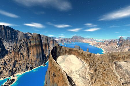 Alien Planet. Rocks and  lake. 3D rendered